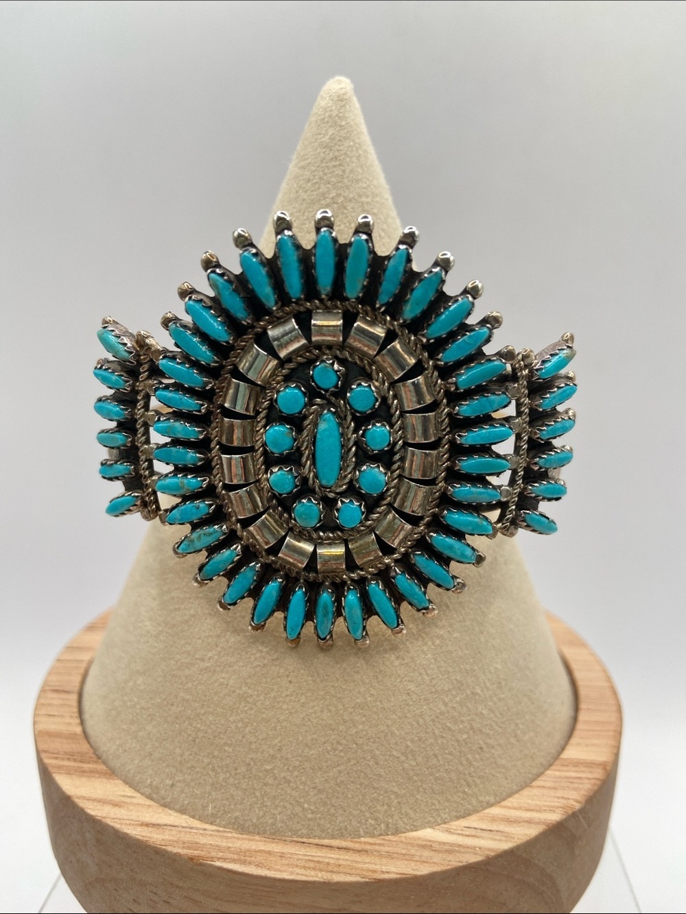 Nathanial & Rosemary Nez Sterling Silver Needlepoint Turquoise Cuff Bracelet